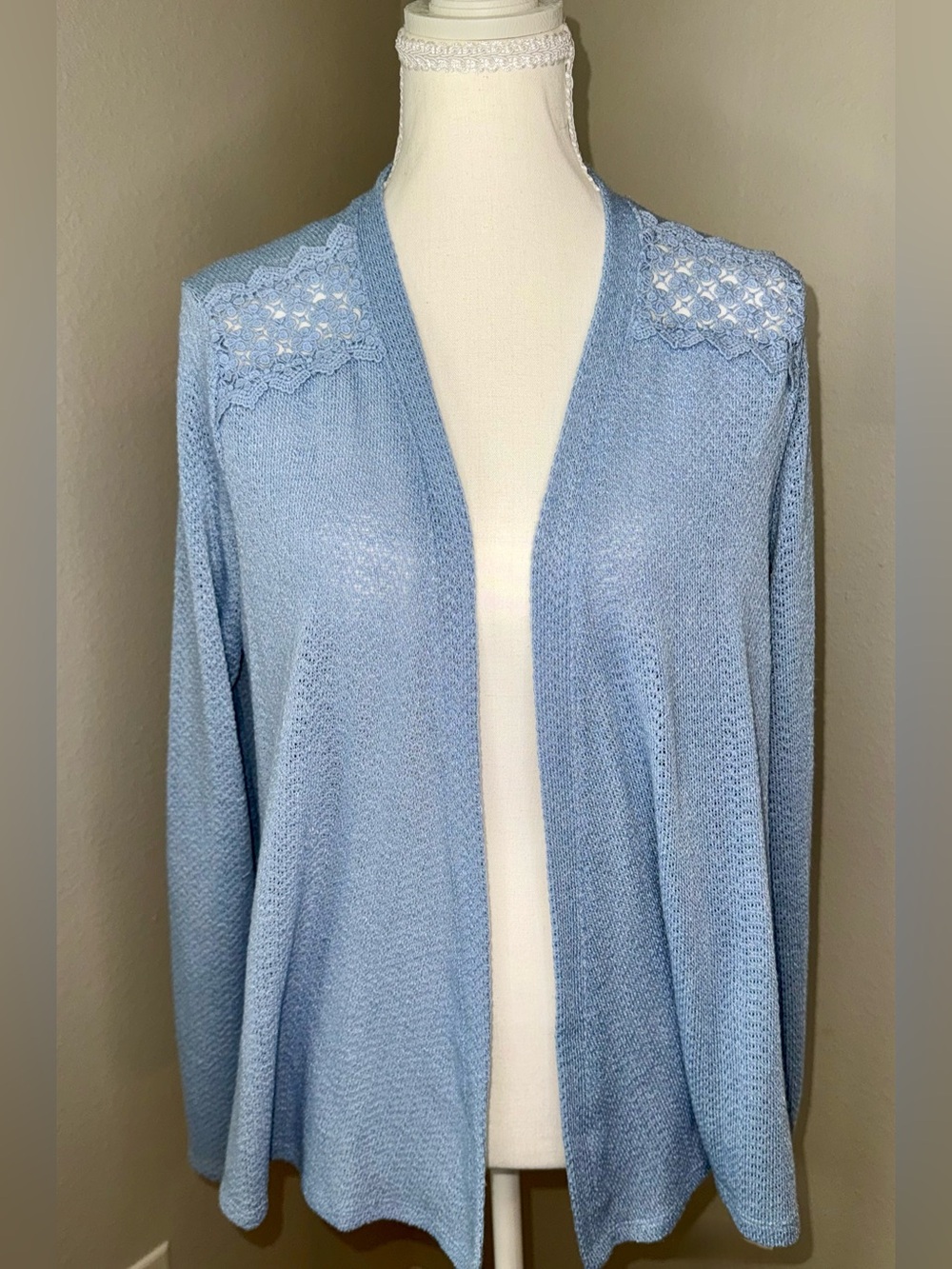 LA Threads Dusty Blue Crochet Lace Shoulder Open Front Cardigan Sweater Medium